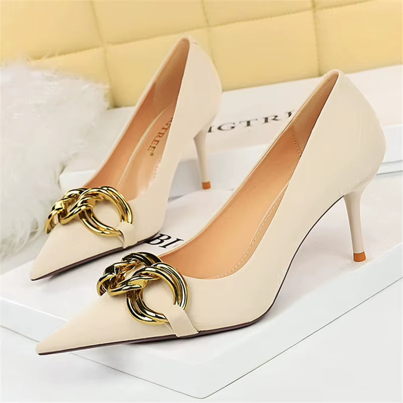 Women 7.5Cm 9.5Cm High Heels Escarpins Pumps Lady Metal Chain Low Heels Fetish Nightclub Slim Fit Party Green Office Prom Shoes