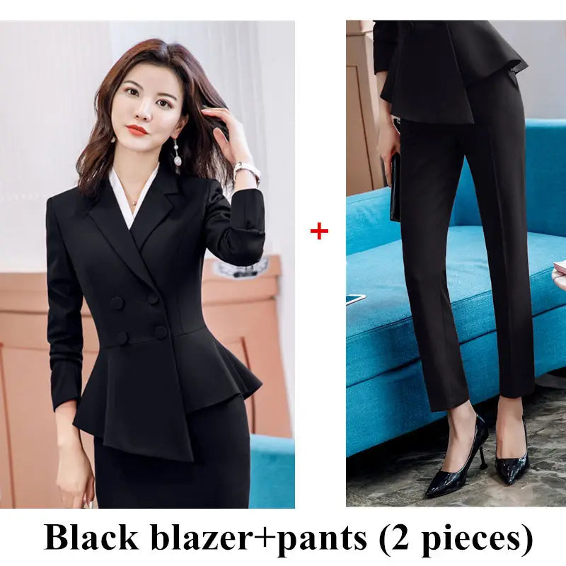 Women Red Blazer Slim Spring Autumn New Elegant Office Lady Work Suit Ruffled Double Breasted Blazer Solid