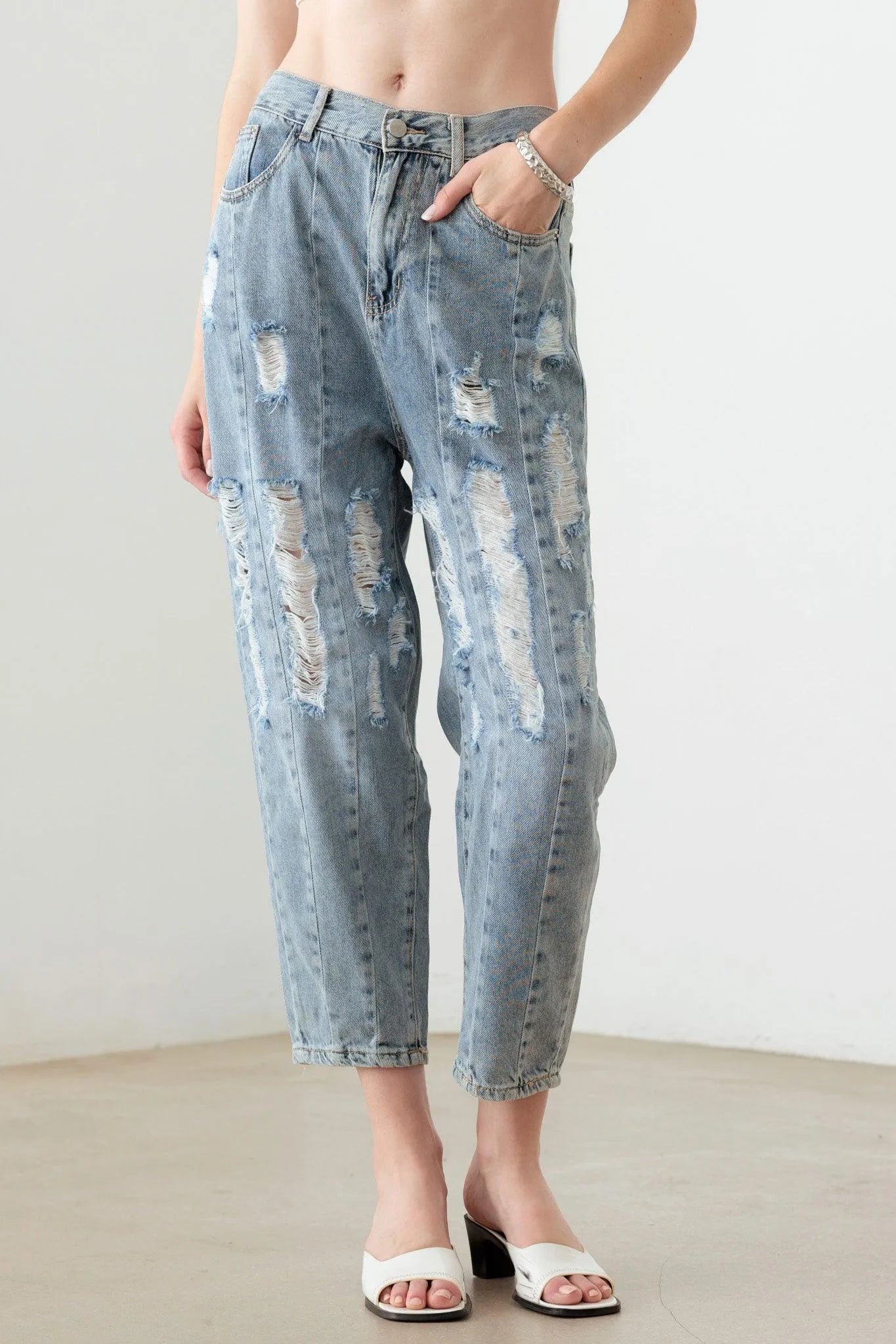 Light Blue Wash Barrel Leg High Waist Distressed Jeans