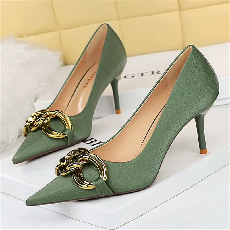 Women 7.5Cm 9.5Cm High Heels Escarpins Pumps Lady Metal Chain Low Heels Fetish Nightclub Slim Fit Party Green Office Prom Shoes