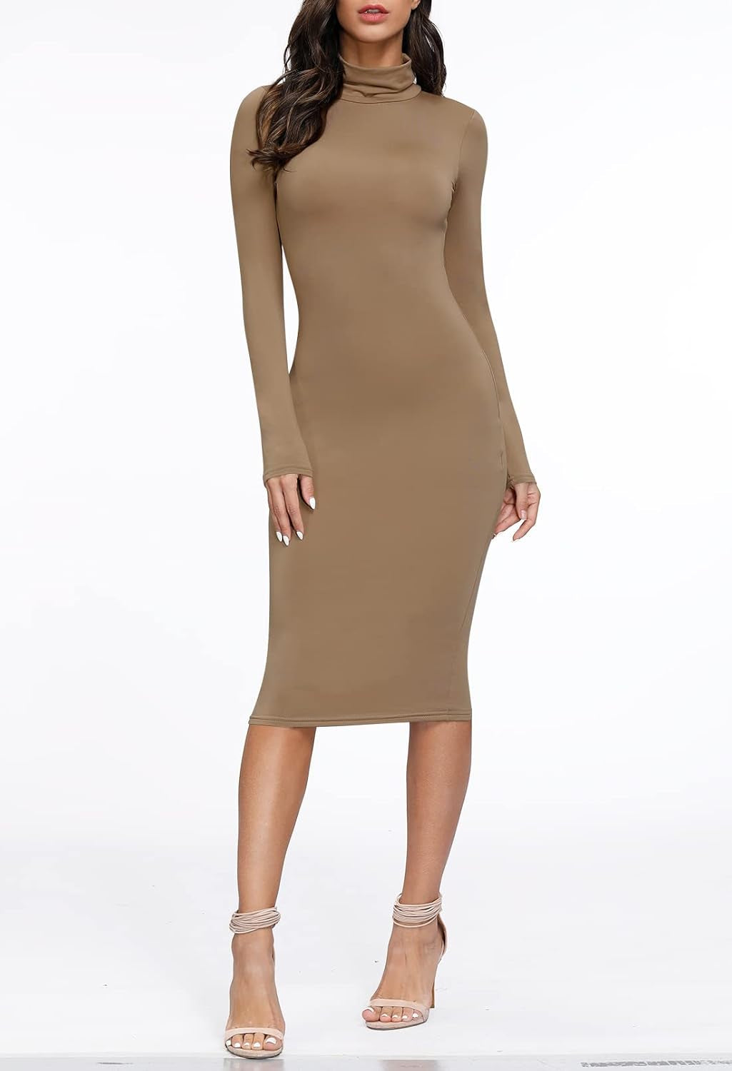 Womens Sexy Knit Dress High Neck Long Sleeve Bodycon Cutout Midi Dresses