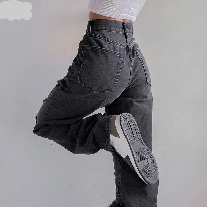 Brown Ripped Vintage Woman'S Distressed Jeans Streetwear Hole Hip Hop High Waist Pants Fashion Straight Denim Trousers Ladies