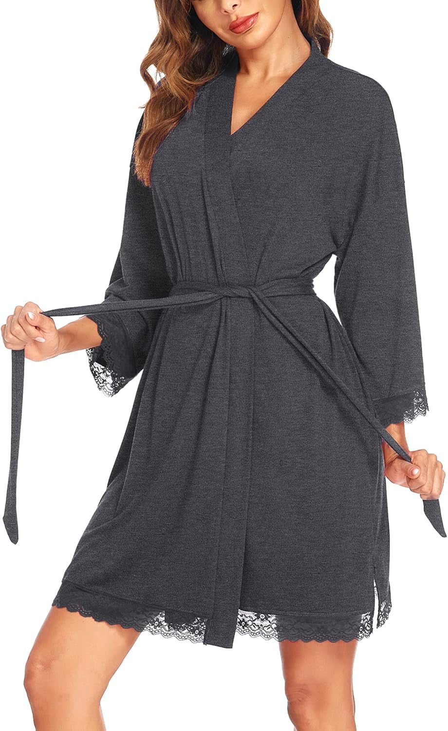 Women Lightweight Robes Knee Length Kimono Robes Short Bathrobe Short Knit Maternity Robe, Grey Medium