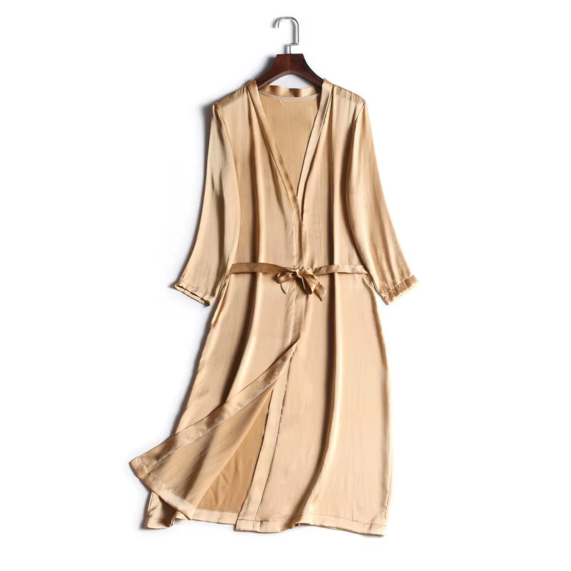 100% Natural Silk Women Robes Silk Satin Knee Length Robe Belted Healthy Sleep Wear 2021 Spring Fall Home Wears Kimono