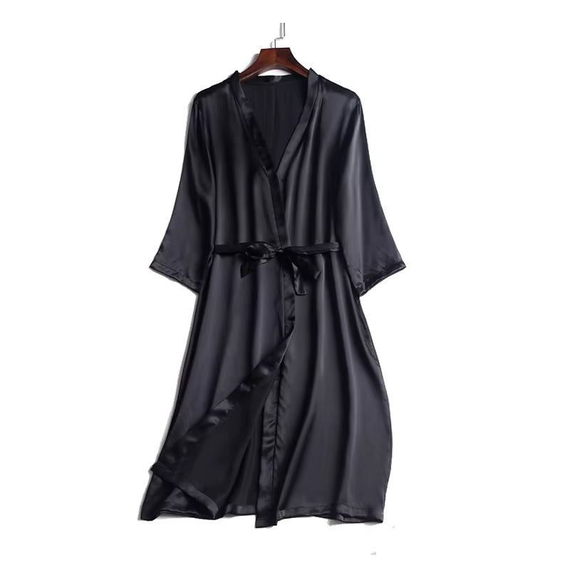 100% Natural Silk Women Robes Silk Satin Knee Length Robe Belted Healthy Sleep Wear 2021 Spring Fall Home Wears Kimono