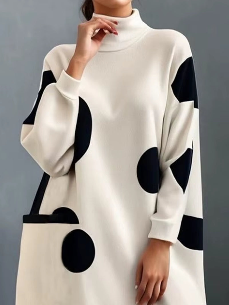 Krismile Casual Party Midi Polka-Dot Dresses Female Fashion Long Sleeves Loose Pockets Mock Neck Dresses Women Clothing