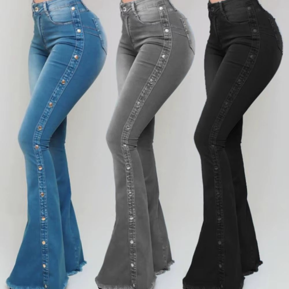 Mid Waisted Stretch Flare Jeans Women Denim Pants Wide Leg Butt-Lifted Casual Korean Style Skinny Bell Bottom Pocket Trousers