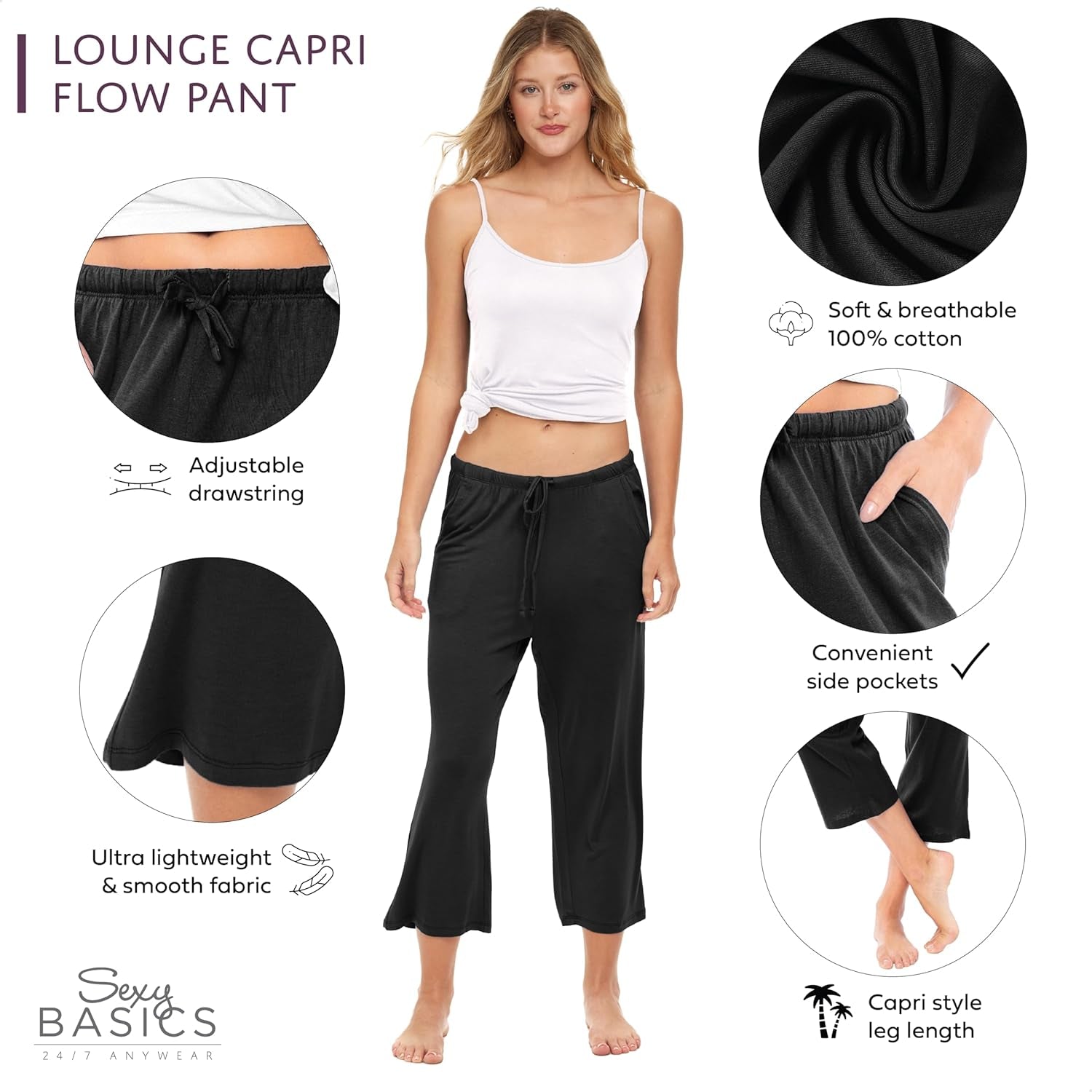 Women'S 3 Pack Cotton Lounge Pants | Sleep -Capri -Yoga Style Drawstring PJ Bottoms