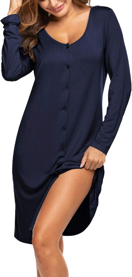 Button down Nightgown for Women Long Sleeve Sleepwear V Neck Nightshirt Boyfriend Pajama Dress Sleep Dress