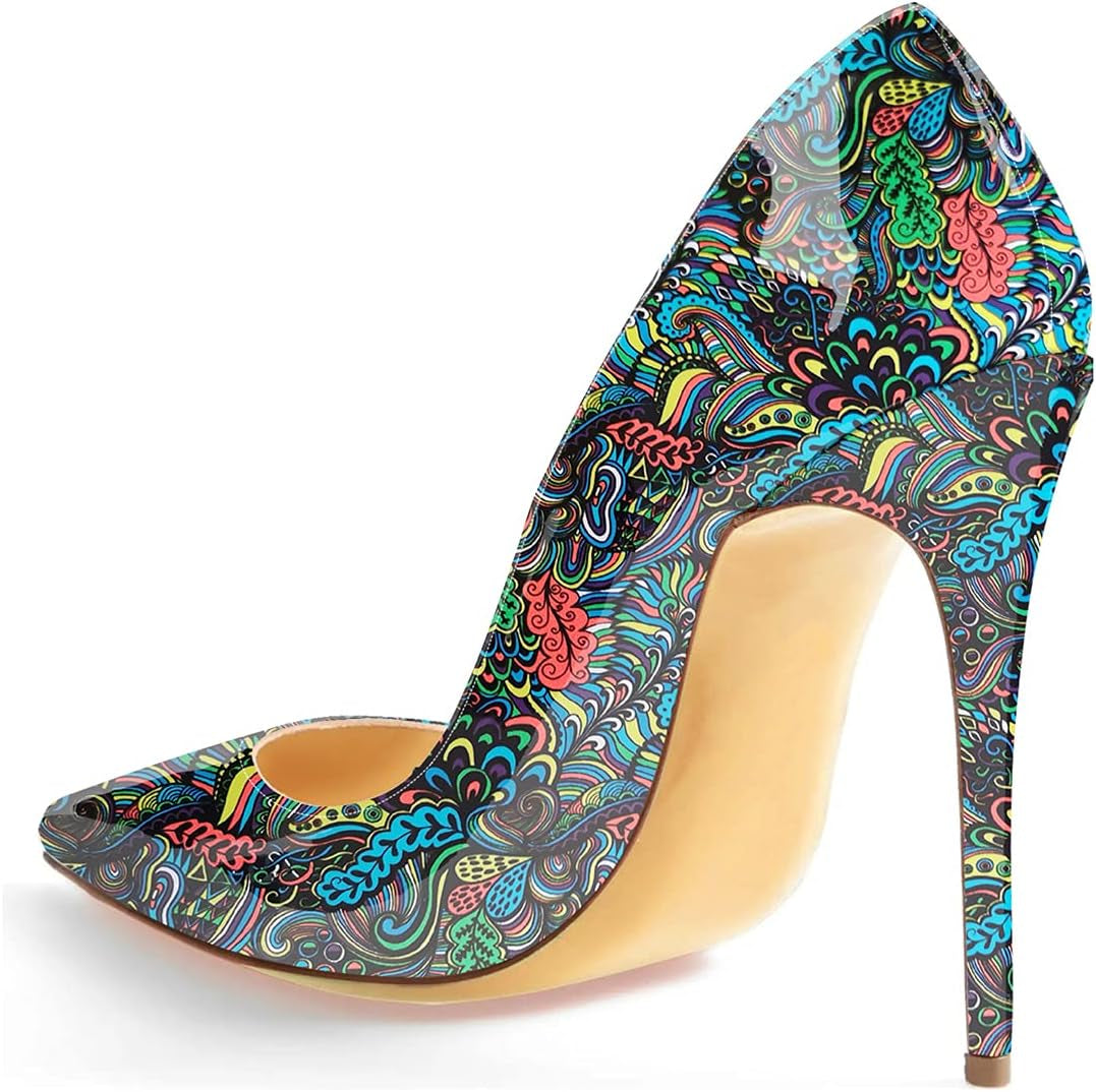 Women High Heels Multicolor Pumps Black Graffiti Shoes Stiletto High Heels 4.7 Inches/12Cm Pointed Toe Sexy Dress Shoes Multicolor Heels Graffiti Print Design Slip on Pumps for Women