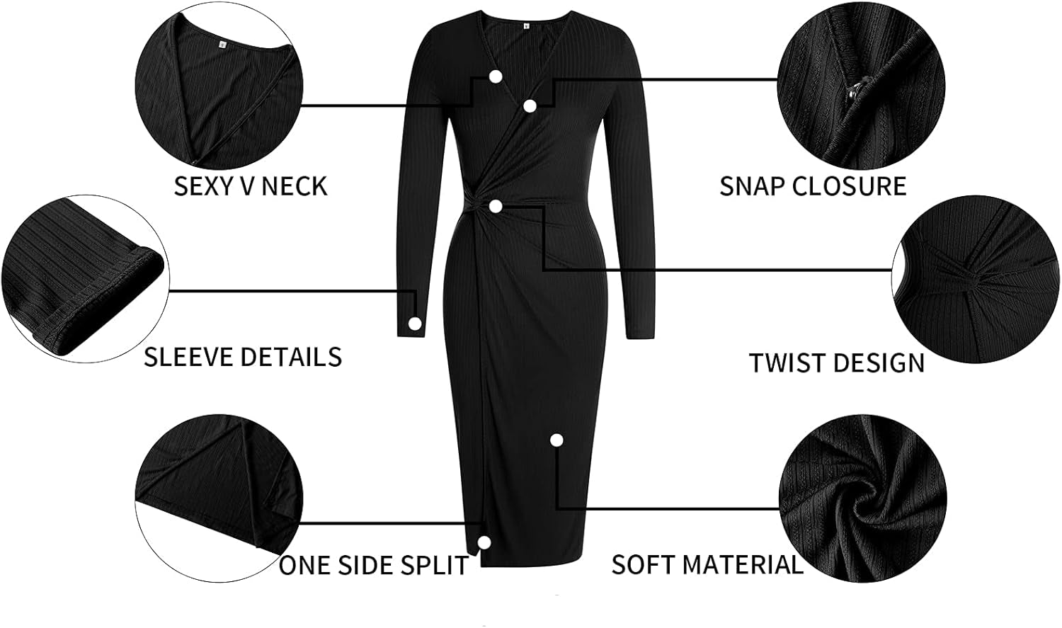 Women'S Long Sleeve Dress: Midi Casual V Neck Twist Waist Ribbed Knit Bodycon Slit Cocktail Party Dresses