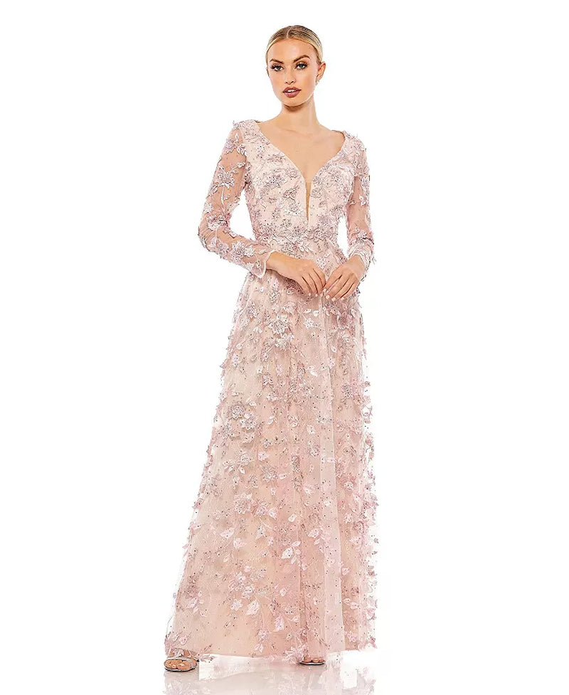 Women'S Floral Applique Long Sleeve Illusion Gown