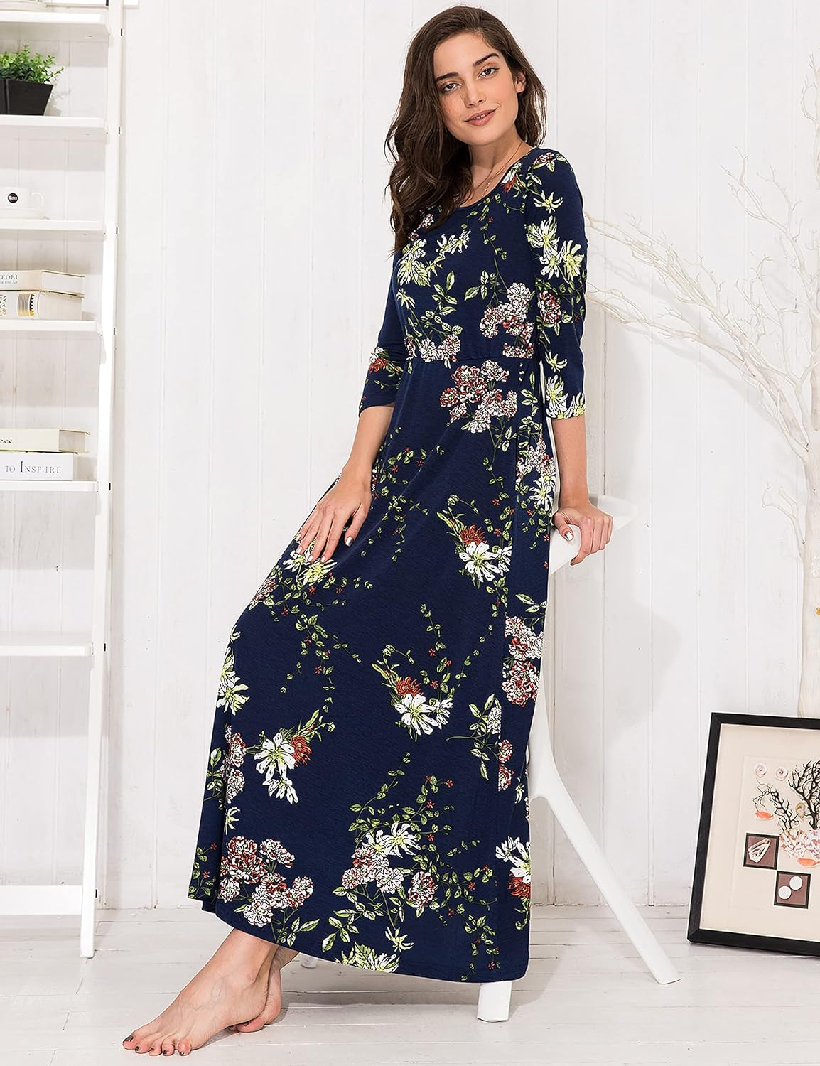 Women'S 3/4 Sleeve Maxi Dress Casual Spring Floral Fit Flare Long Dress