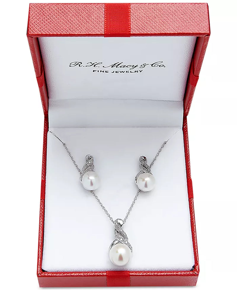 Cultured Freshwater Pearl (8 & 9Mm) and Diamond Accent Pendant Necklace and Earrings Set in Sterling Silver or 14K Gold over Silver