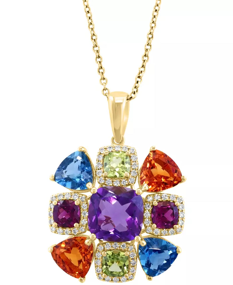 EFFYÂ® Multi-Gemstone (7-1/10 Ct. T.W.) & Diamond (1/4 Ct. T.W.) Cluster Halo 18" Pendant Necklace in 14K Gold