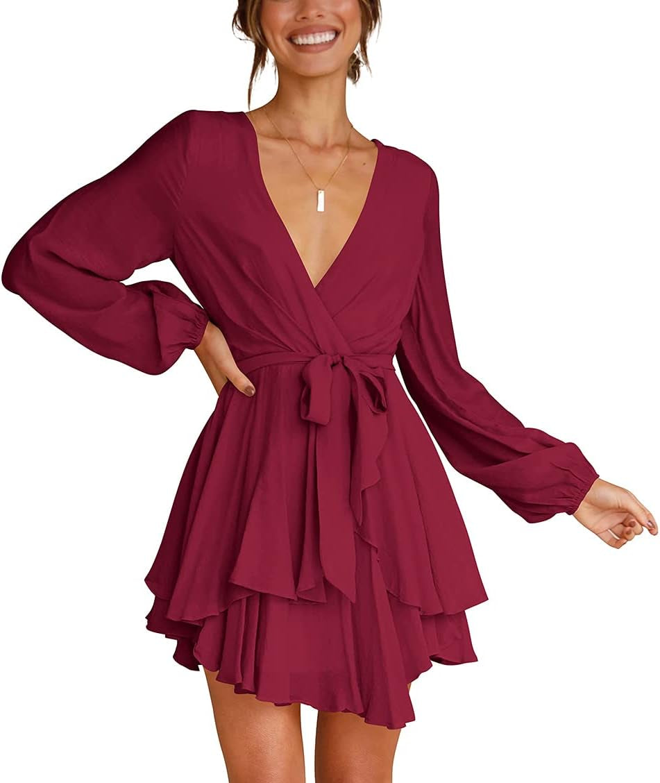 Women Casual Dress Flowy Bohemian Tshirt Wrap Dress Tie Waist Shift Mini Dress Tunic