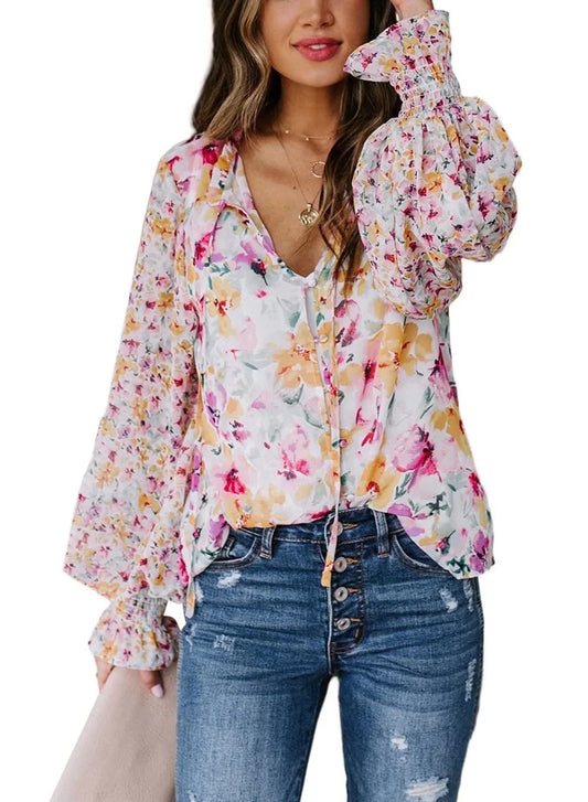 Womens Boho Floral Print V Neck Shirt Blouses Casual Puff Sleeve Drawstring Tunic Tops S-XXL