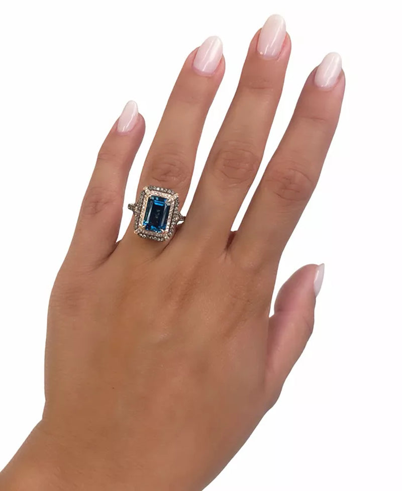 Deep Sea Blue Topaz (3-7/8 Ct. T.W.) & Diamond (5/8 Ct. T.W.) Double Halo Ring in 14K Rose Gold (Also Available in 14K White Gold or 14K Yellow Gold)