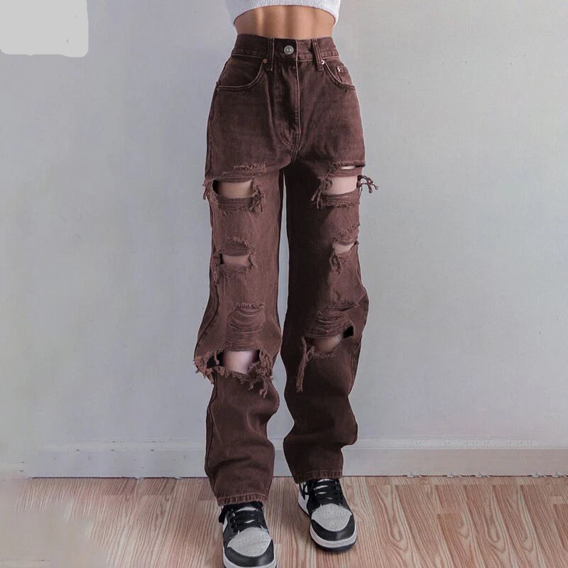 Brown Ripped Vintage Woman'S Distressed Jeans Streetwear Hole Hip Hop High Waist Pants Fashion Straight Denim Trousers Ladies