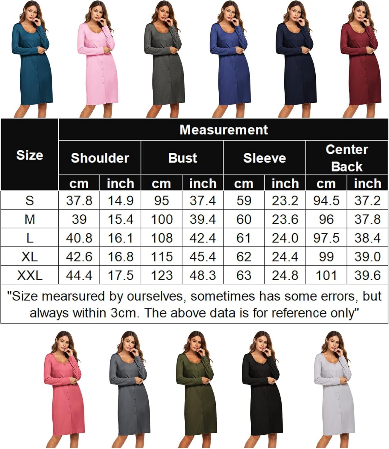 Button down Nightgown for Women Long Sleeve Sleepwear V Neck Nightshirt Boyfriend Pajama Dress Sleep Dress