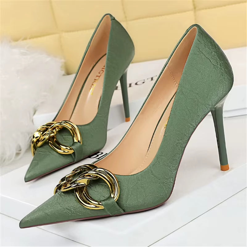 Women 7.5Cm 9.5Cm High Heels Escarpins Pumps Lady Metal Chain Low Heels Fetish Nightclub Slim Fit Party Green Office Prom Shoes