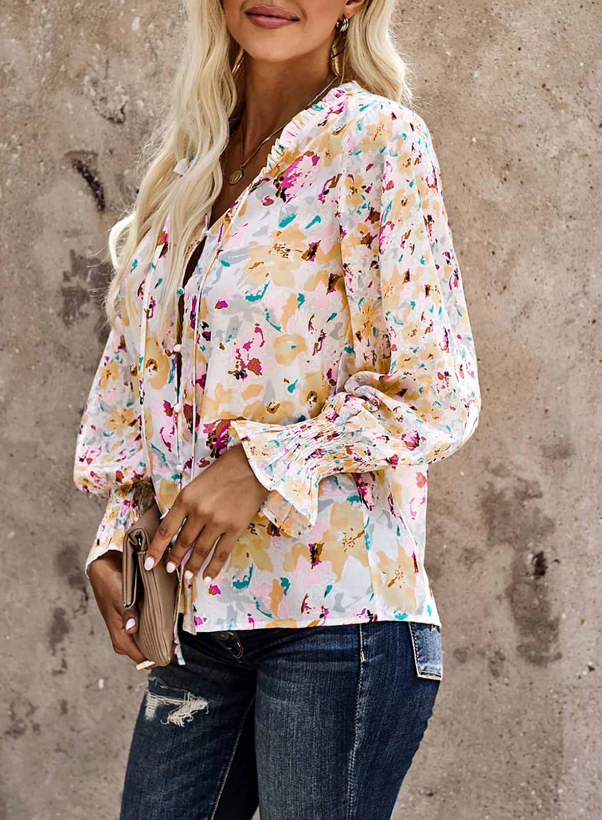 Womens Boho Floral Print V Neck Shirt Blouses Casual Puff Sleeve Drawstring Tunic Tops S-XXL