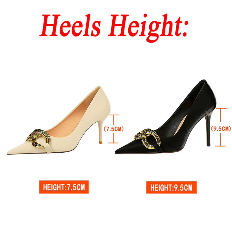 Women 7.5Cm 9.5Cm High Heels Escarpins Pumps Lady Metal Chain Low Heels Fetish Nightclub Slim Fit Party Green Office Prom Shoes