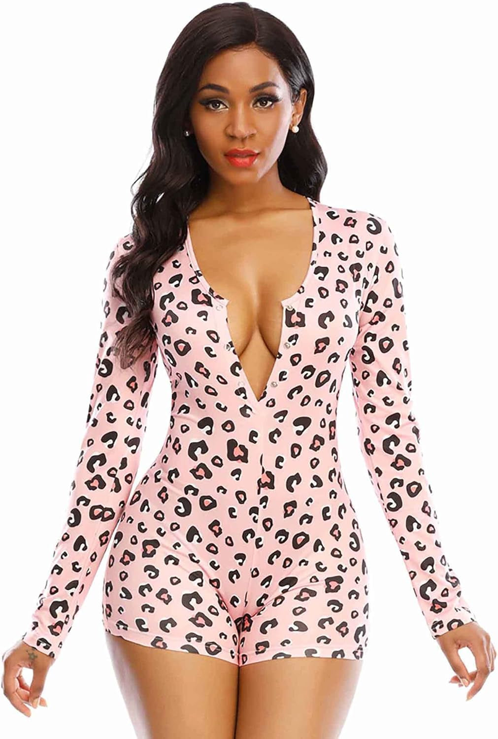 Women'S Sexy Long Sleeve Shorts Jumpsuit Button Deep V Neck One Piece Bodysuit Print Summer Romper Overall Pajama (XXL, Numeric_22) Purple