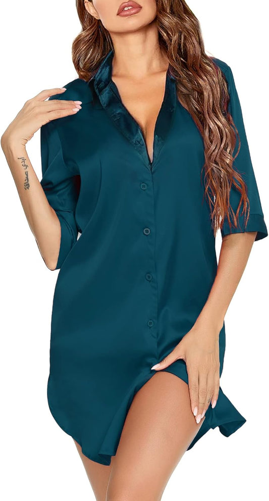 Button down Satin Nightshirts for Women Silk Nightgown for Women Side Split Sleepshirts Blue-Green