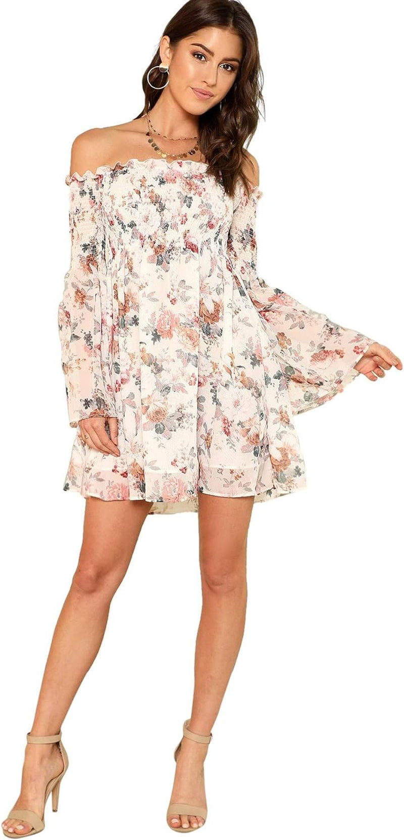 Women'S Casual Floral Print off Shoulder Trumpet Sleeve Swing Dress