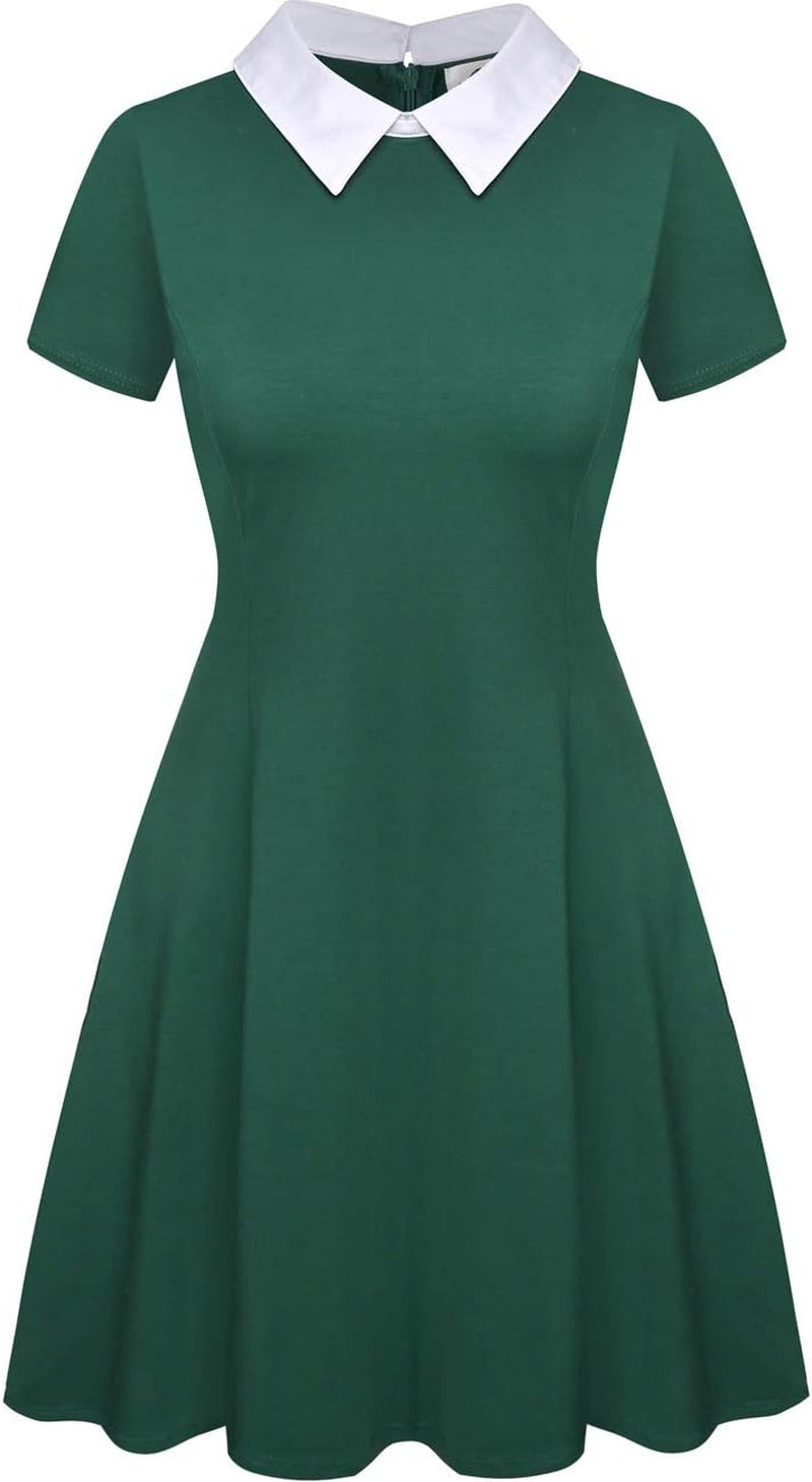 Women'S Short Sleeve Peter Pan Collar Cute Skater Dress Fit and Flare A-Line Casual Dresses