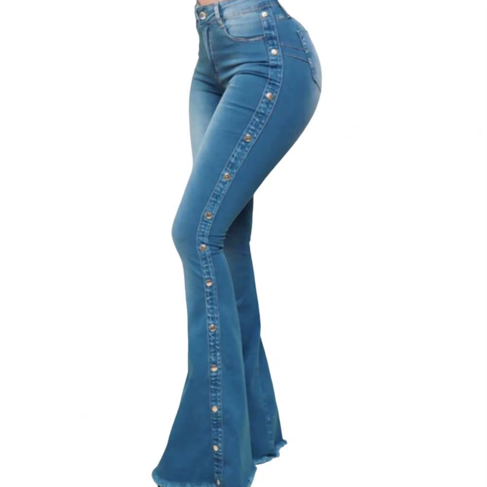 Mid Waisted Stretch Flare Jeans Women Denim Pants Wide Leg Butt-Lifted Casual Korean Style Skinny Bell Bottom Pocket Trousers