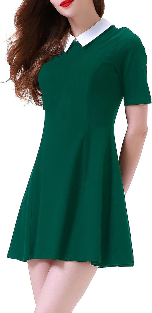 Women'S Short Sleeve Peter Pan Collar Cute Skater Dress Fit and Flare A-Line Casual Dresses