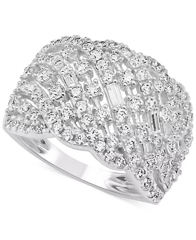 Diamond round & Baguette Diagonal Openwork Cluster Ring (1-1/2 Ct. T.W.) in 14K White Gold