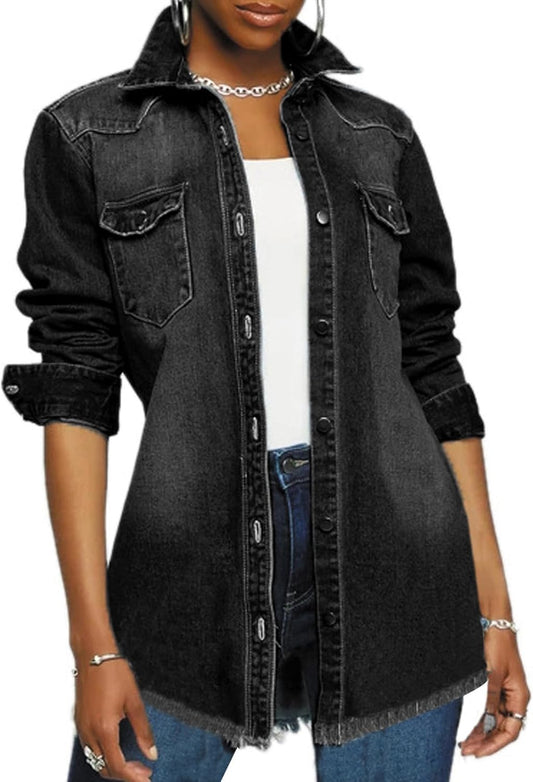 Distressed Jean Jacket for Women Ripped Long Sleeve Oversized Denim Trucker Jackets