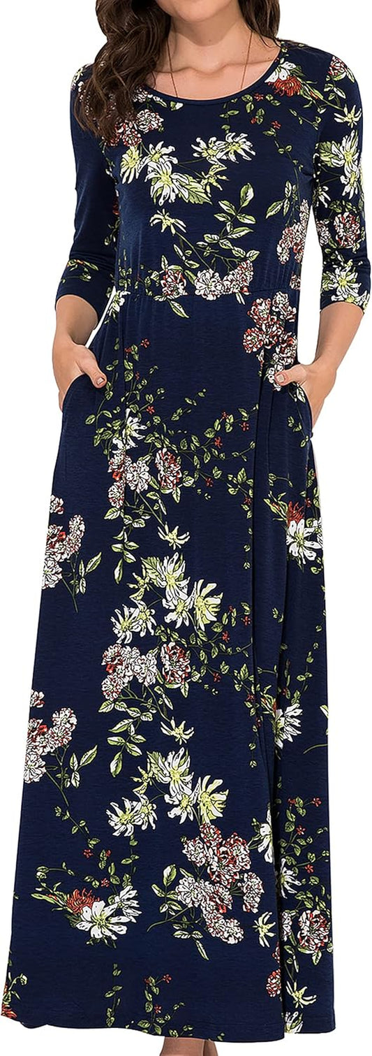 Women'S 3/4 Sleeve Maxi Dress Casual Spring Floral Fit Flare Long Dress