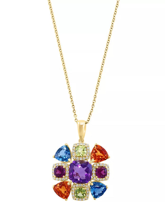 EFFYÂ® Multi-Gemstone (7-1/10 Ct. T.W.) & Diamond (1/4 Ct. T.W.) Cluster Halo 18" Pendant Necklace in 14K Gold