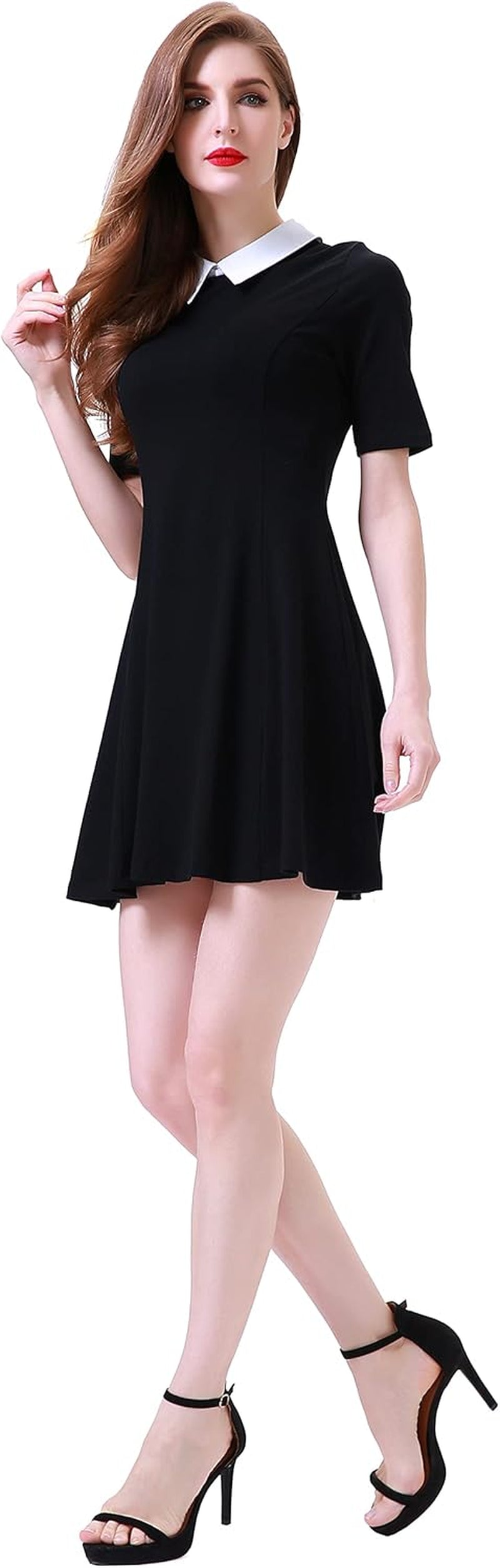 Women'S Short Sleeve Peter Pan Collar Cute Skater Dress Fit and Flare A-Line Casual Dresses