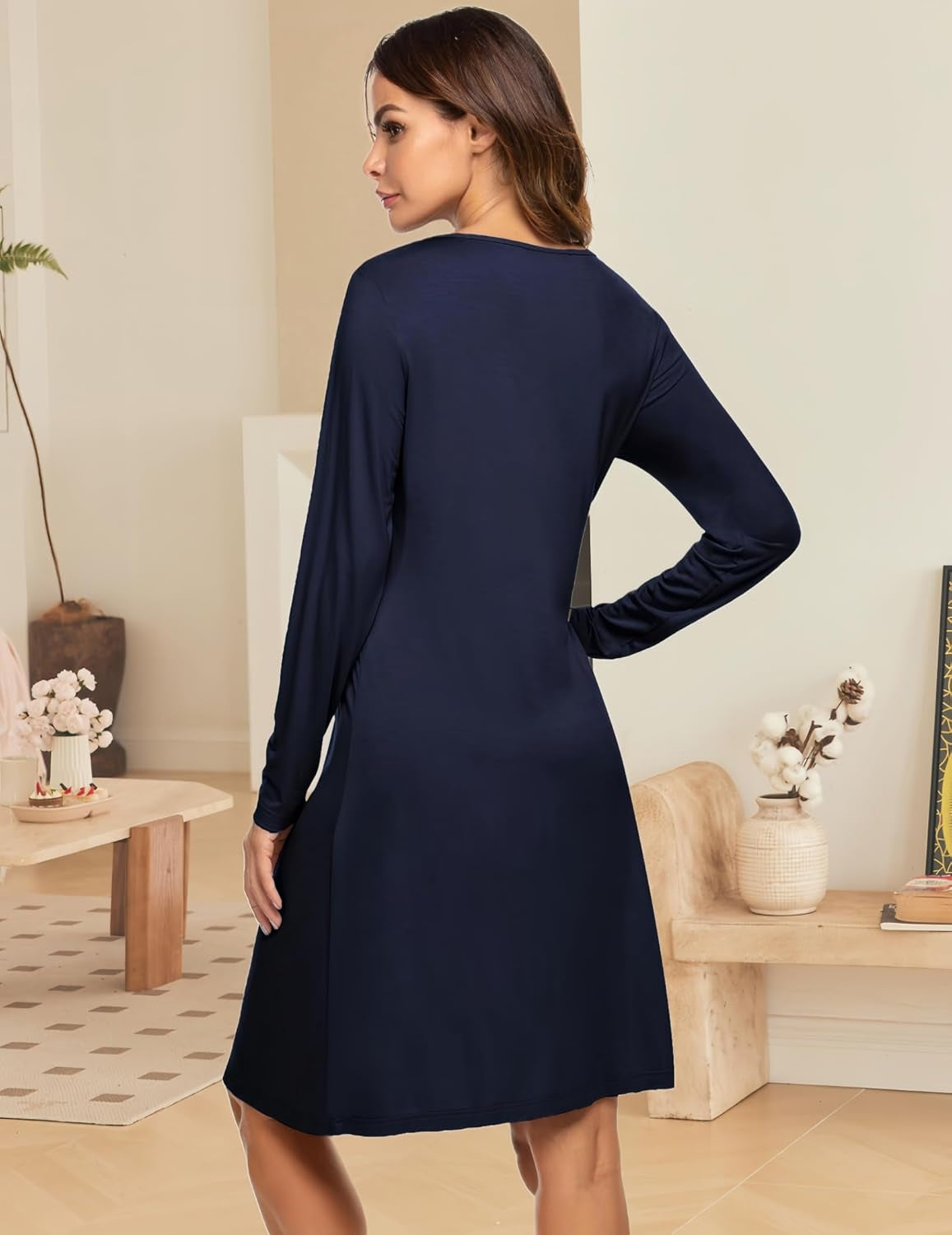 Button down Nightgown for Women Long Sleeve Sleepwear V Neck Nightshirt Boyfriend Pajama Dress Sleep Dress