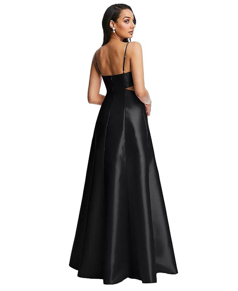 Womens Open Neckline Cutout Satin Twill A-Line Gown with Pockets